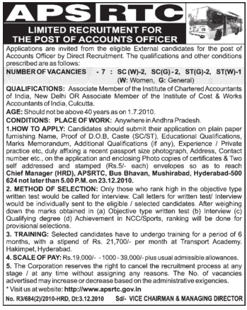 APSRTC Accounts Officer Recruitment 2010 - www.apsrtc.gov.in